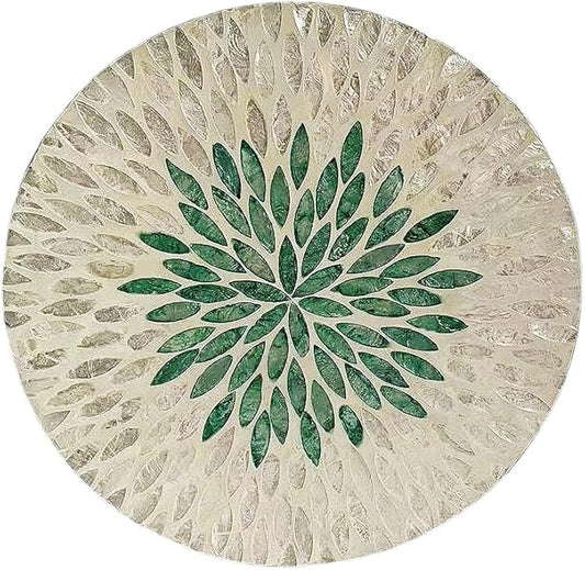 12 Inch Mother of Pearl Shell Placemat Plate – Large Round Decorative Heat for Table or Kitchen, Cabinet, Tabletop (Green Leaves, 12 Inch)