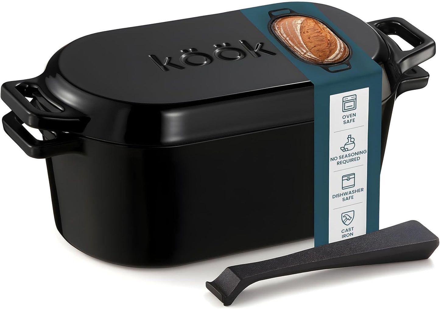 KooK Dutch Oven, Oven for Sourdough Bread Baking, with Lid, Dual Handles, Enameled Cast Iron, includes Lid Lever, Great for Baking Bread, Cooking and Roasting, Dishwasher Safe, 3.4 Qt, Black