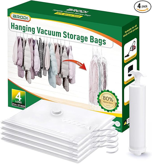 Hanging Vacuum Storage Bags For Clothes With Hand Pump,Coat Storage Bag Hanging,Vacuum Bags For Clothes,Space Saver Vacuum Storage Bags,Garment, Clothing, Dress, Suit, Long Coat, Jacket(Long 4 Pack）