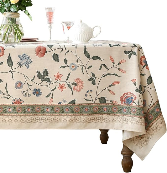 ISAENNE Designer Chinoiserie Linen Floral Rectangular Tablecloth,White Wrinkle Resistant Table Cloth,Elegant Decor Tablecloths for Dining Thanksgiving Kitchen Party Christmas,55"*87"-Daffy