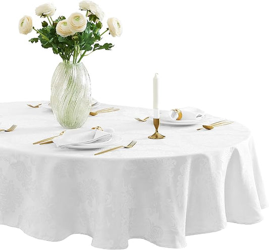 Newbridge Barcelona Luxury Damask Fabric Tablecloth, 60” Wide x 84” Oval, White, 100% Polyester, No Iron, Soil Resistant Dining Room, Party and Banquet Table Cover