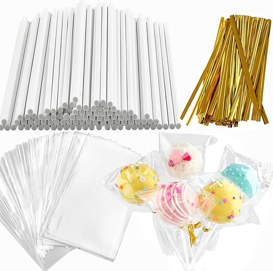 360pcs Cake Pop Sticks and Wrappers Ties Kit, Including 120ct 6-inch Paper Lollipop Stick, 120ct Cake Pop Parcel Bag, 120ct Gold Twist Tie for Candy Making Packaging Supplies