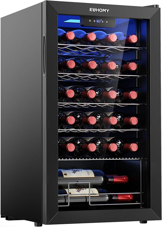 EUHOMY 25 bottle Wine Cooler Refrigerator, Freestanding Compressor Wine Fridge with Adjustable Temperature and Digital Control, Mini Fridge with Glass Door for Red White Wine, Beer, Black