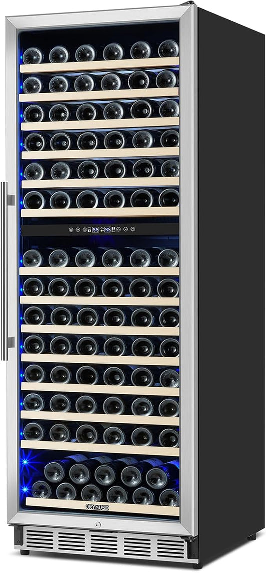 ORYMUSE Dual Zone Wine Fridge Freestanding 175 Bottle, 24 Inch Large Capacity Built-in Wine Cooler Refrigerator with Upgraded Compressor Cooling and Intelligent Temperature Memory
