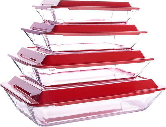 Set of 8 PCS Nesting Tempered Glass Bakeware Set, 4x Glass Baking Dishes and 4x BPA Free Lids. Oven, Refrigerator and Dishwasher Safe.