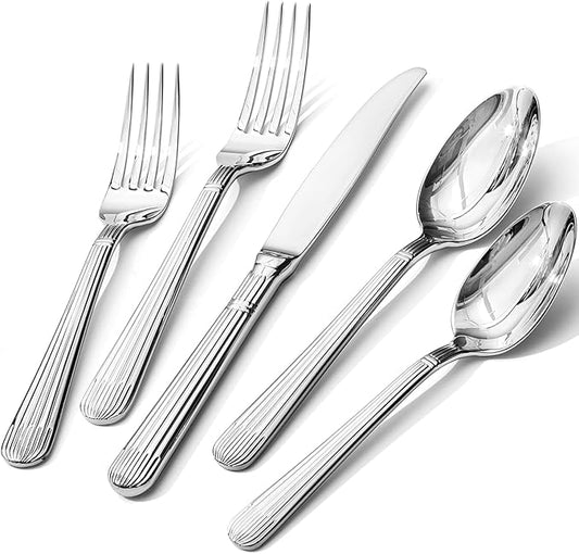 KINGSTONE 10-Piece Silverware Set, 18/10 Stainless Steel Flatware Set - Luxury Elegant Striped Cutlery with Dishwasher Safe, Durable for Family Dining, Catering, Weddings, Anniversaries Gift