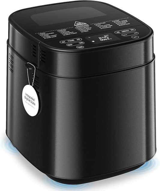 2.5LB Bread Maker with Built-in Electronic Scale, 25-in-1 Bread Machine, Beginner-Friendly with Adjustable Baking & Fermentation, Non-Stick Easy-Clean Pan, Quiet, 15H Delay, Recipes, Black