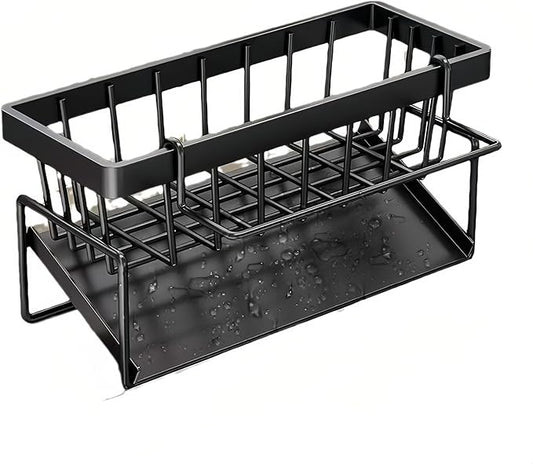 Carbon Steel Kitchen Sink Caddy, Sponge Holder Self Drain Soap Dish with Detachable Dishcloth Rack for Kitchen Countertop Organizer, Black