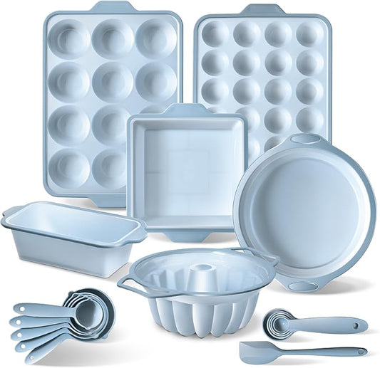 COOK WITH COLOR 17 Pc. Silicone Baking Pan Set - Non-Stick & Easy Clean Silicone Muffin Pans for Baking with Sturdy Metal Frame for Stability, Flexible Cake Molds, Includes Measuring Cups and Spoons