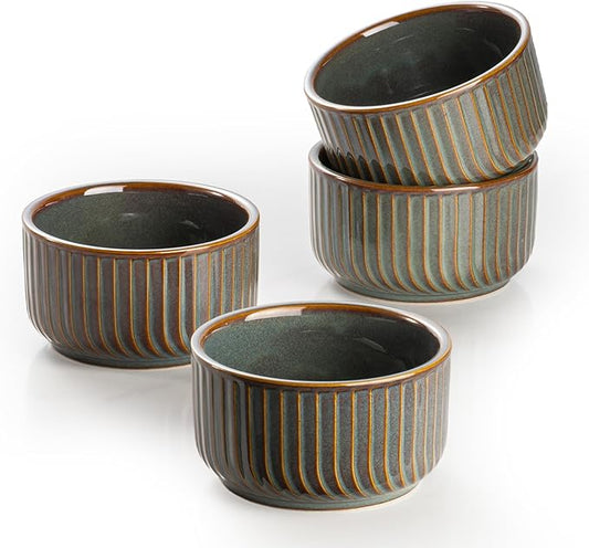 DAFUCERAMIC Ramekins 8 oz Oven Safe, Porcelain Creme Brulee Ramekins Pudding Custard Cups Small Ceramic Souffle Dishes Baking Bowls Set of 4 (GREEN BLUE)
