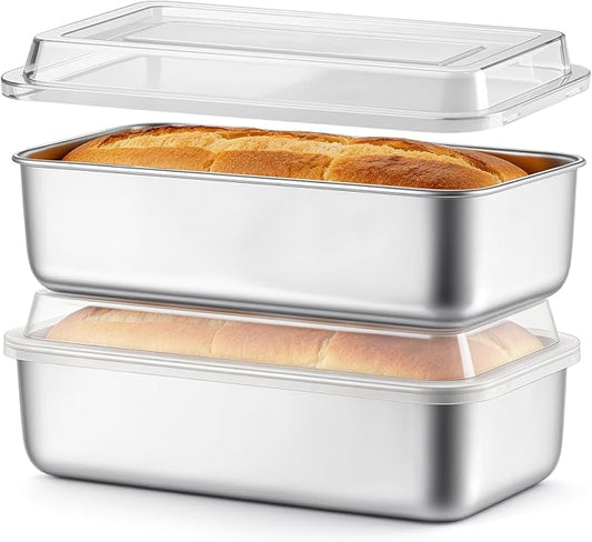 TeamFar Loaf Pans for Baking Bread, 9 x 5 Inch Stainless Steel Bread Loaf Pan with Lid, Meatloaf Pan Tin for Homemade Bread, Brownies, Meal Prep, Storage, Healthy & Dishwasher Safe - Set of 2