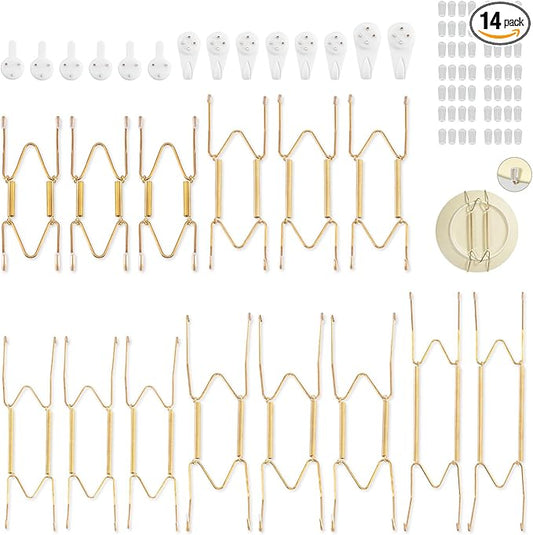 Bilillo 14 pcs Plate Hangers for The Wall, 4/6/8/10/12 Inch Invisible Plates Hangers, Stainless Steel Plate Wall Holders for Display Various Sizes with Hooks for Decorative