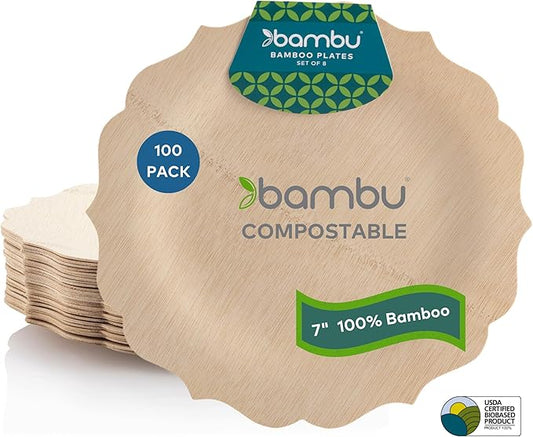Bambu Pack of 100-7 Inch Disposable Bamboo Plates Fancy, Biodegradable Eco Friendly Products, Bamboo Disposable Plates for Party, Weddings, and Events, Great For Any Occasion - Bulk Case