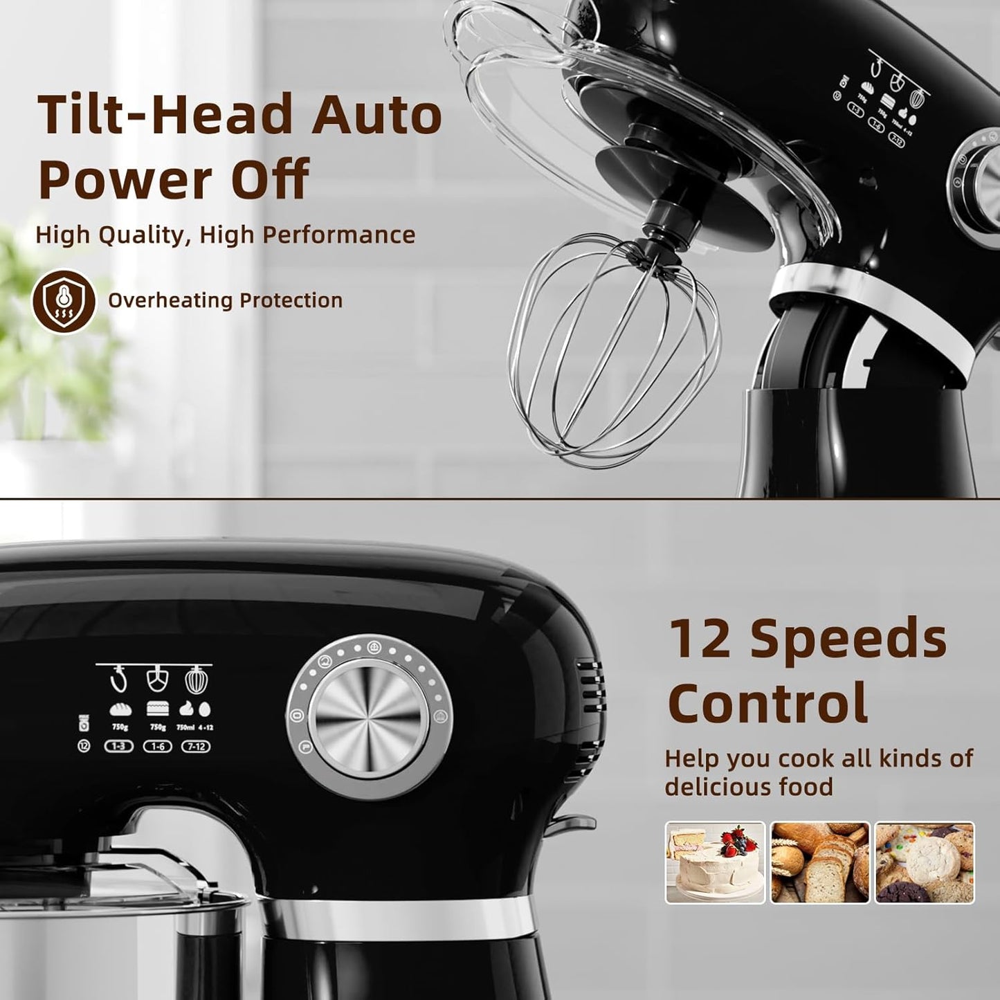 Cowsar Stand Mixer, 12 Speeds Tilt-Head Electric Commercial Stand Mixer, 3-In-1 Kitchen Mixer with Bowl, Dough Hook, Whisk and Beater, Black