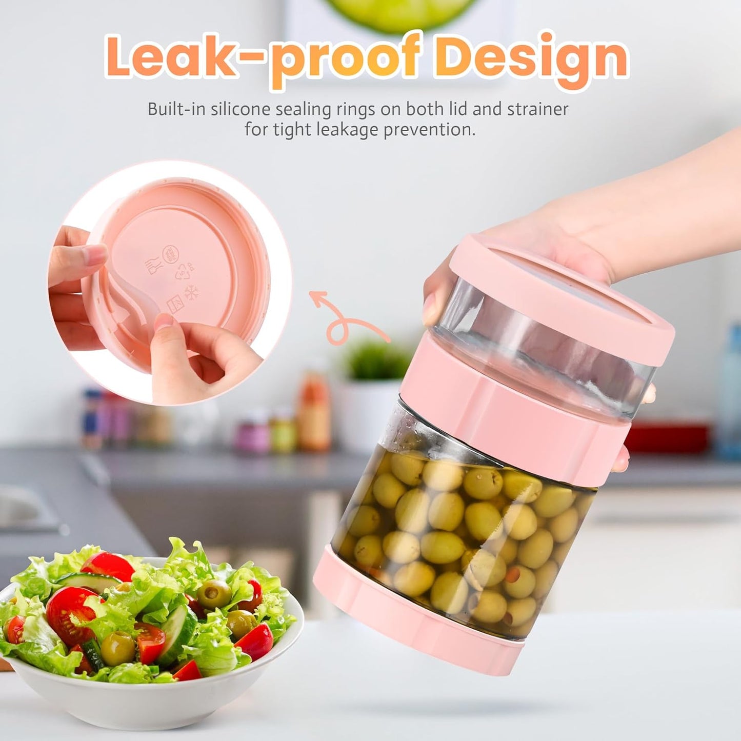 Glass Pickle Jar with Strainer Flip, 56oz Airtight Pickle Container, Leak-proof Juice Separator Pickle Flip Jar with Sealing Silicone Ring for Olive, Sliced Pickle and Jalapeno, Dishwasher Safe