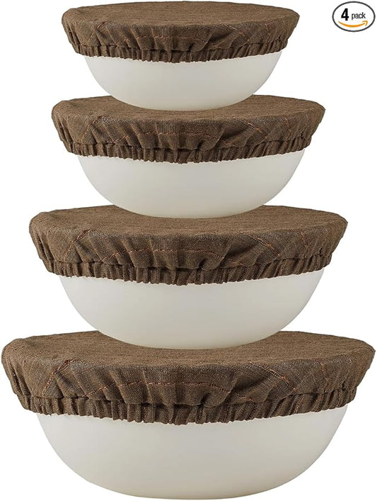 100% Pure Linen Bowl Covers For Bread Proofing, 4 Pcs Elastic Reusable Bowl Covers Large Ticking Striped Cloth Fabric Stretch Sourdough Lids, 6 * 8 * 10 * 12 Inches- Green