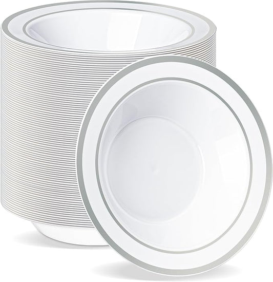 BESTVIP 100 Pack Plastic Disposable Soup Bowls, 12 oz White Dessert Bowls with Silver Rim, Heavy-duty Salad Bowl for Party, Wedding, Christmas, Thanksgiving, Dinner, Catering