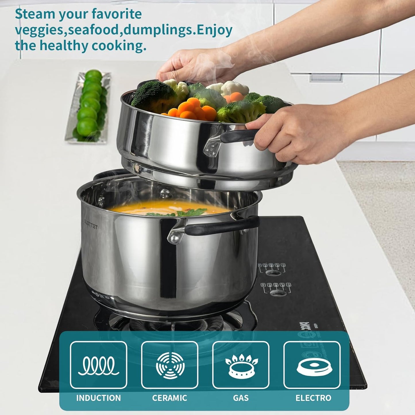 Stainless Steel 8 Quart Stock Pot with Steamer,8 Qt Deep Soup Pot for cooking,Multipurpose Stockpot with silicone Stay-cool Handle.