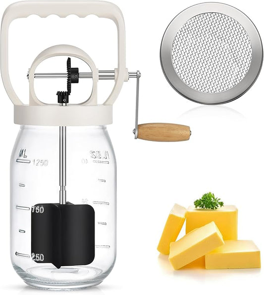 CAROD Classical Butter Churner, 1.5L Glass Jar with Hand Injury Prevention Device & Sifting Lid, 50oz Hand Crank Jar Maker Creates Fresh Homemade Butter within 15 Min, Ideal DIY Kitchen Gift