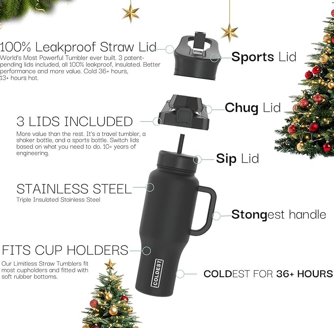 Coldest Tumbler with Handle and Straw - 100% Leak Proof Insulated Tumbler with Lid and Straw (3 Lids) - Stainless Steel Tumblers for Women & Men - Cup Holder Friendly Base, 36 oz (Astroflora)
