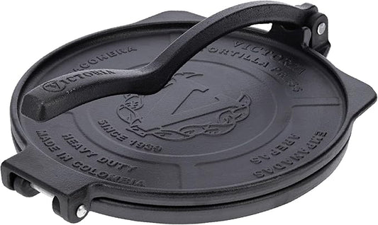 Victoria 10-Inch Cast Iron Tortilla Press HD Spherrous, Commercial-Grade Cast Iron Tortilla Maker, Roti Press, Pataconera Seasoned with Flaxseed Oil, Made in Colombia, Black