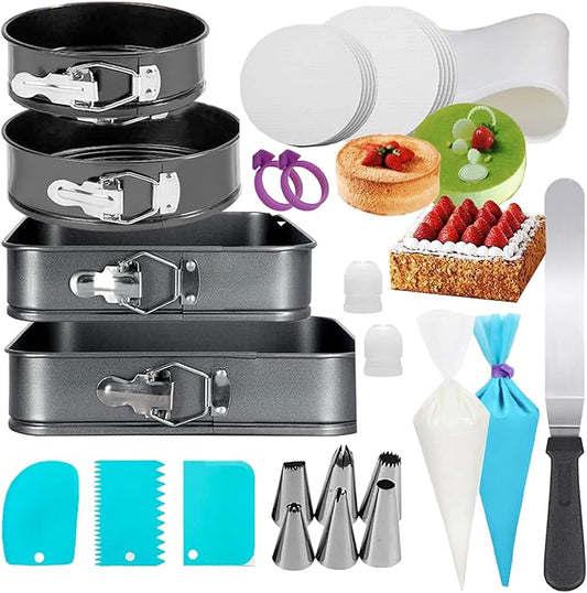 124Pcs Springform Pans Set, Round Square Cake Pans Sets, 7/9/10/11 Inch Cheesecake Pan with Removable Bottom and Cake Decorating Kit Supplies, Spring Form Pans for Baking