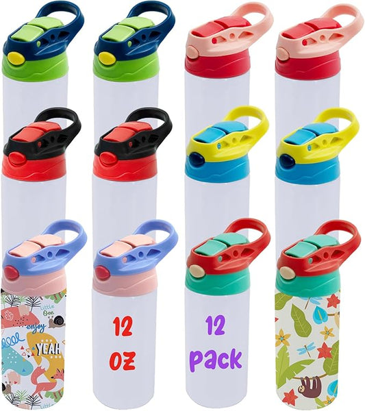 12 Pack 12 OZ Sublimation Straw Sippy Cup Blank Tumblers Double Wall Vacuum Insulated Mixed Color Thermoses Stainless Steel Water Bottles for School (12)