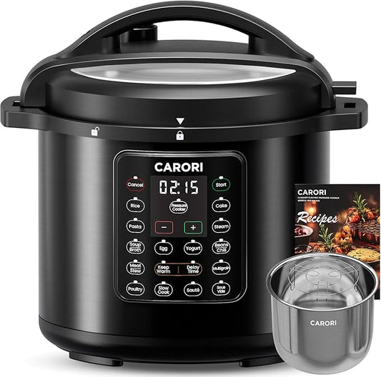 CARORI 1200W 12-in-1 Electric Pressure Cooker 8Qt, Stainless Steel Pressure Cooker, Slow Cook Rice Cooker Steamer Sauté, Yogurt Maker, Warmer & Sterilizer with Recipe, Safer Venting Design, Black