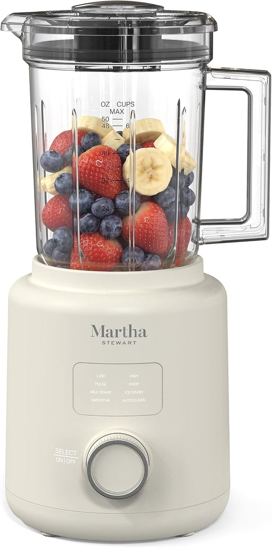 Martha Stewart 50oz Countertop Blender, Smoothie, Margarita & Ice Crushing Blender, BPA-Free Pitcher, 3 Speeds, 5 Presets, Auto-Clean Function, Dishwasher Safe, Stainless Steel Blades, Linen Cream