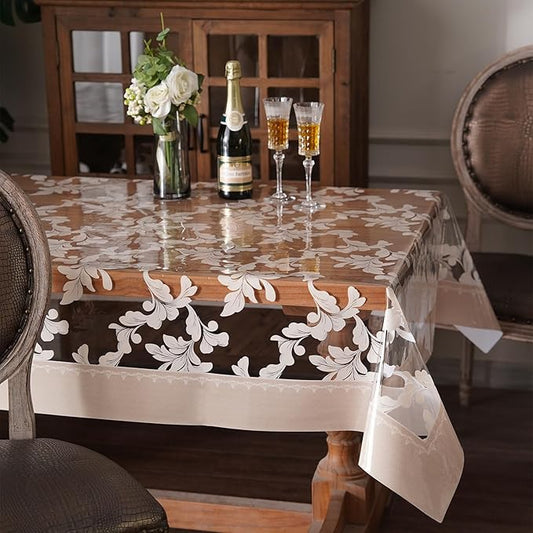 Waterproof Clear Table Cover Protector Vinyl Rectangle Table Cloth Oil Spill Proof Wipe Clean Plastic Tablecloths for Dining Tables (Scroll Grass, 60 x 84 Inches)