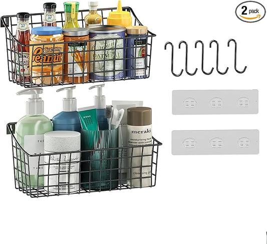 2 Pack Wall Hanging Baskets for Organizing, Large Metal Wire Basket with 5 Hooks+2 Strong Long Adhesive Hooks,Kitchen Hanging Mesh Organizer, Wall Mounted Bin for Kitchen, Bathroom, Bedroom,SUV,Garage