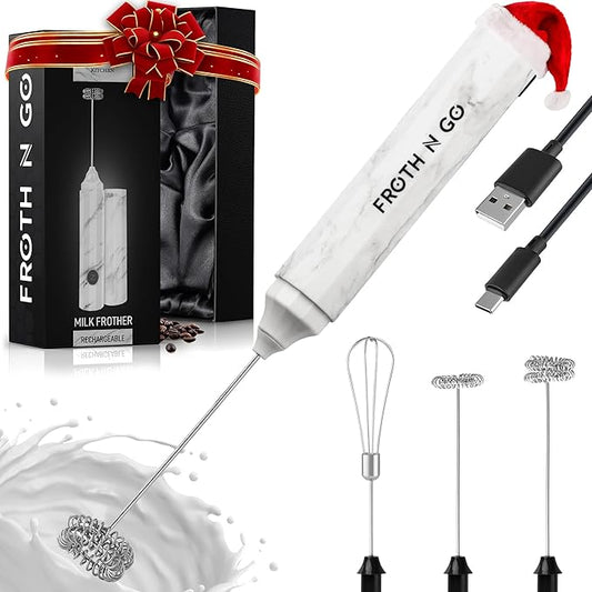 Zulay Froth N Go Milk Frother – Rechargeable 3-in-1 Handheld Frother Wand with Travel Case & USB-C Charger – Single, Double & Egg Whisk for Latte, Cappuccino, Matcha, Protein Shakes – White Marble