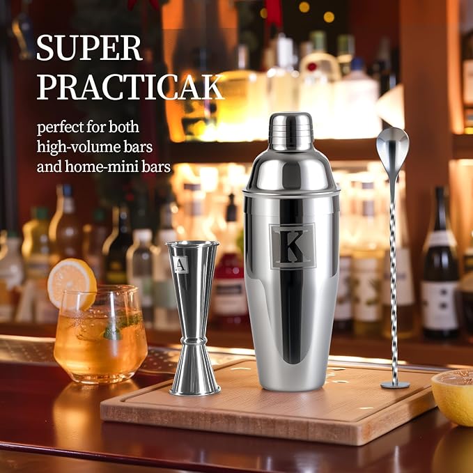 24oz Cocktail Shaker Set with 1 oz 2oz Jigger - Monogramm Initials Martini Shaker Set - 304 Stainless Steel Bar Shaker for Margarita,Mojito-Personalized Gift for Friend,Husband-A