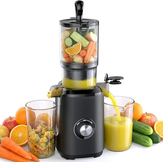 NEWBULIG Cold Press Juicer Machines, Masticating Juicer with High Juice Yield, Reverse Function, Stops Oxidation and Easy to Clean for Vegetables & Fruits, Black