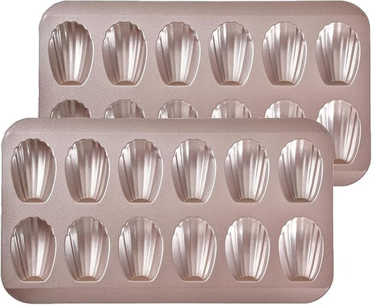 Madeleine Pans for Baking (2-Pack) 12 cup Madlen Mold Makes Shell Shape Cake Cookies Nonstick Carbon Steel Madeline Tray for Oven Gold