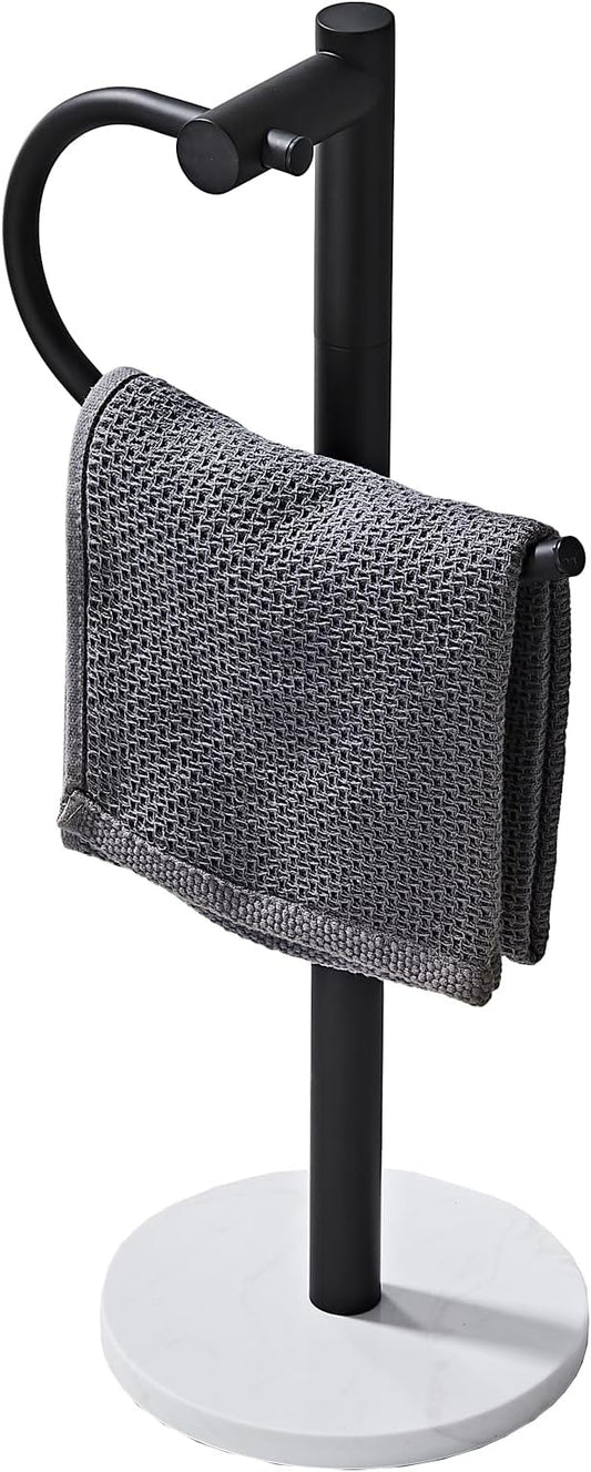 19 Inch Modern Hand Towel Holder Stand with Marble Base, Black Metal, Freestanding Bathroom Counter Towel Rack