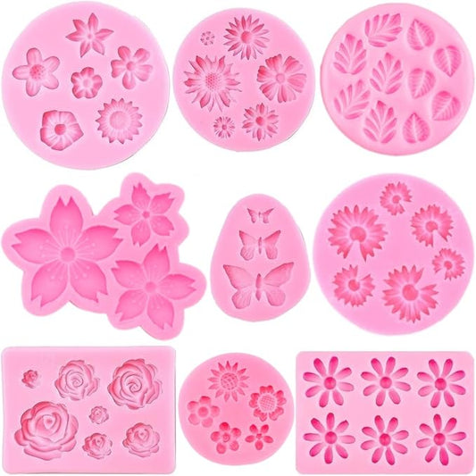 Flower Silicone Molds,9pcs Rose Leaf Daisy Sunflower Chrysanthemum Small Flowers Fondant Molds Polymer Clay Mould Candy Chocolate Molds for Cupcake Cake Pop Puck Decoration DIY Crafts