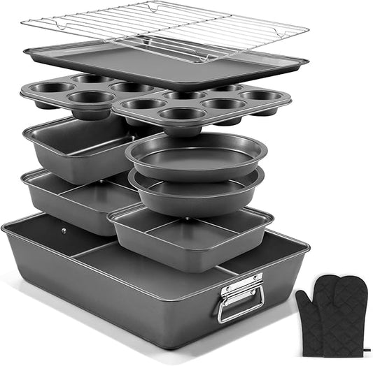 12PCS Nonstick Bakeware Set, Non-Toxic Carbon Steel Baking Pans Set with Wider Grip, Includes Roasting Pan, Cookie Sheet, Cake Pans, Muffin Pans, Cooling Rack, Oven Mitts, Easy Release