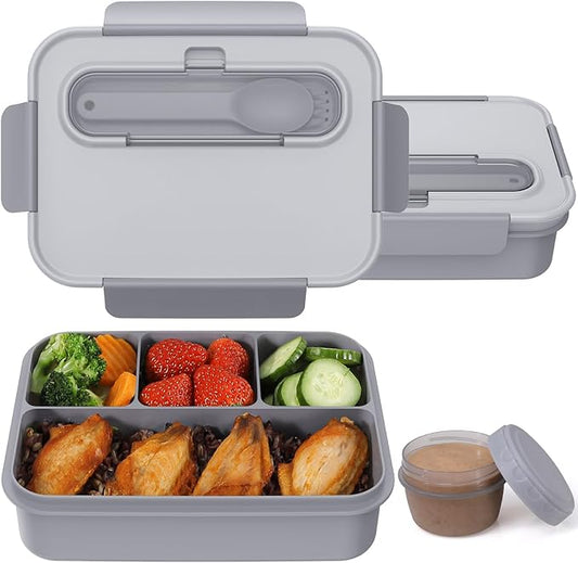 Caperci Bento Box Adult - 50 oz Large Lunch Containers for Adults and Teens, 4-Compartment Bento Lunch Box with Utensils & Leak Proof Sauce Cup, Dishwasher Safe, Durable, BPA-Free (Gray)
