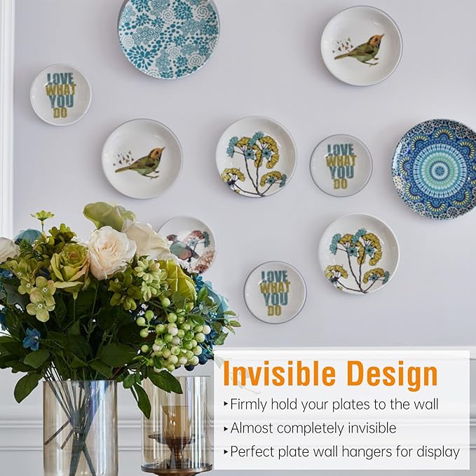 Bilillo 20 pcs Plate Hangers for The Wall, 4/6/8/10 Inch Invisible Decorative Wall Plates Hangers, Stainless Steel Plate Wall Holders for Display Various Sizes with Hooks for Decorative