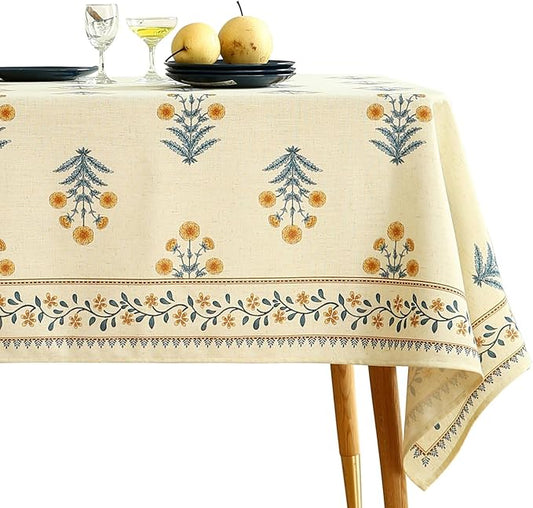 ISAENNE Designer French Pale Yellow Long Tablecloth Rectangle,Linen Floral Table Cloth,Wrinkle Resistant Decor Tablecloths for Dining Thanksgiving Banquet Kitchen Party,63"*94"-Estevan A