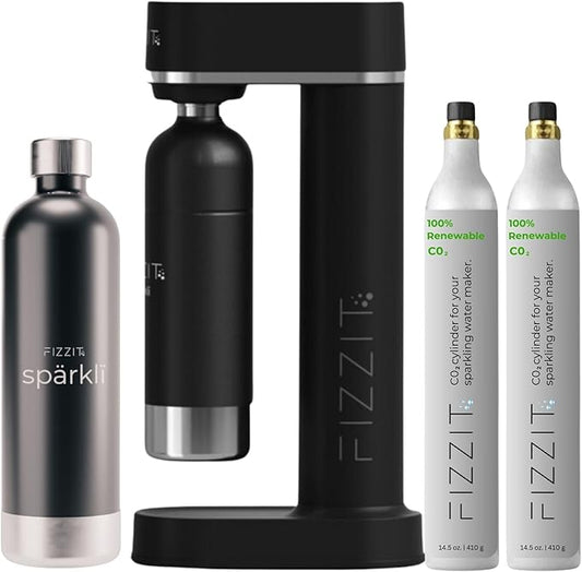 Fizzit Spärklï Stainless Steel Sparkling Water Maker with 2 CO2 Cylinders & 1L Reusable Bottle – Soda Streaming Machine Carbonated Water Maker for Home – No Electricity Needed, Dishwasher Safe