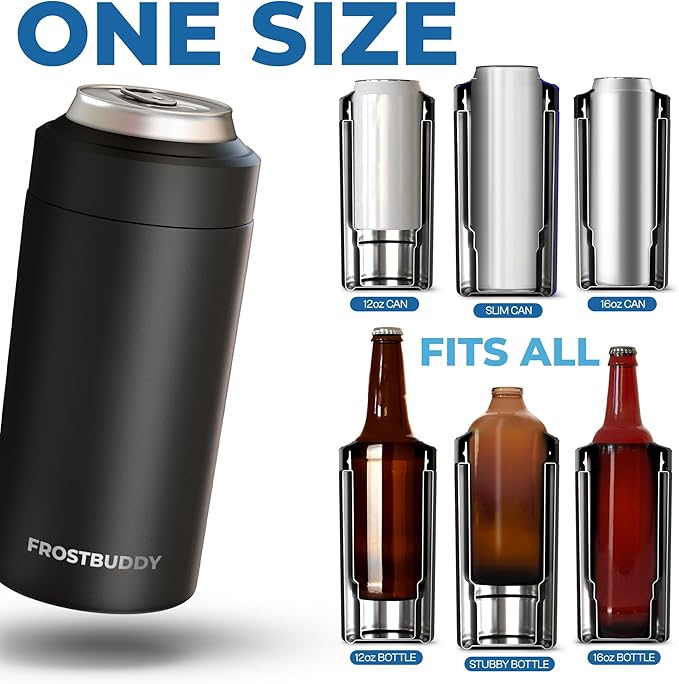 Frost Buddy Universal Buddy Can Cooler - Fits All - For Regular 12 & 16 oz or Slim-Size Bottles - Insulated Double -Walled Stainless Steel (All white)
