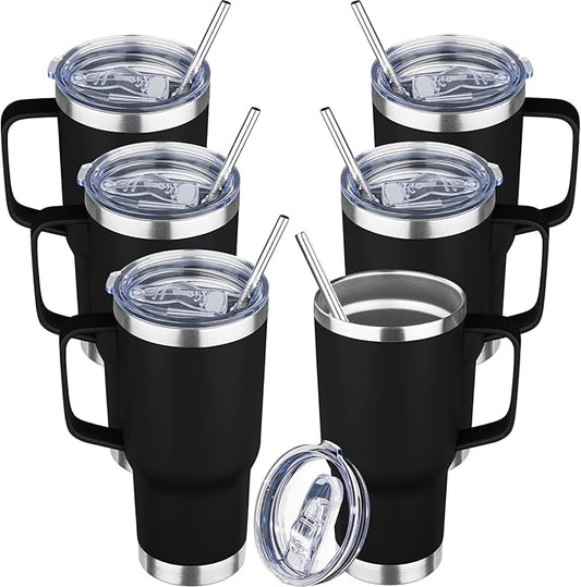 20 oz Tumbler with Handle Stainless Steel Insulated Coffee Tumbler with Lid and Straw Double Wall Vacuum Insulated Coffee Mug Leak Proof Travel Mug Tumbler for Hot and Cold Drink (Black,6pack)