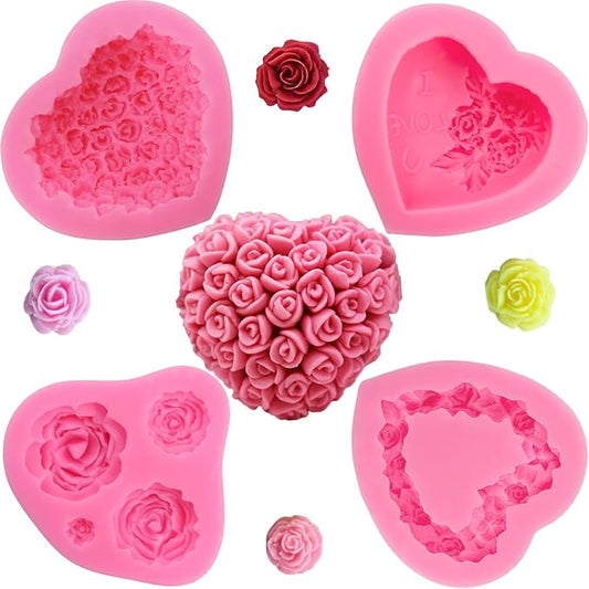 4 Pcs 3D Rose Flower Silicone Molds Mother's Day Fondant Mold Wedding Fondant Cake Molds Heart Candy Silicone Molds Chocolate Mould for Cake Topper Polymer Clay Soap Wax Making Party Supplies
