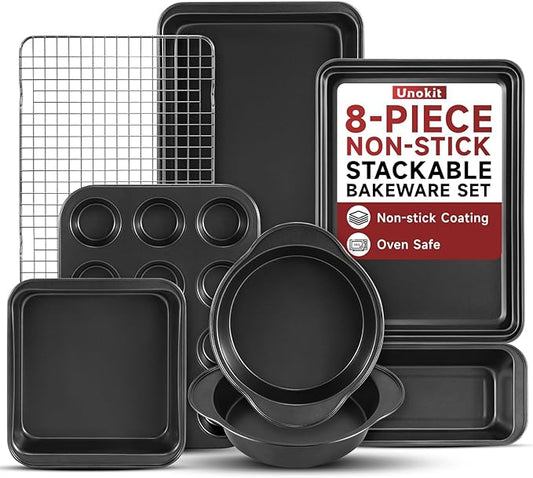 Unokit 8-Piece Nonstick Baking Pans Set - Stainless Steel Bakeware Set Stackable Trays with Cookie Sheets, Cake, Loaf, Round & Square Pan and Cooling Rack, Dishwasher & Oven Safe