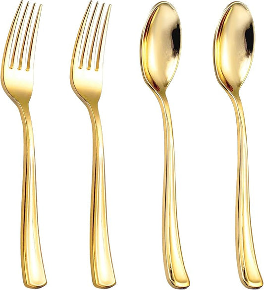 bUCLA 600PCS Gold Plastic Spoons and Forks Set - Plastic Forks and Spoons Disposable - Heavy Duty Gold Silverware Set Party Supplies Include 300 Forks and 300 Spoons for Party&Wedding