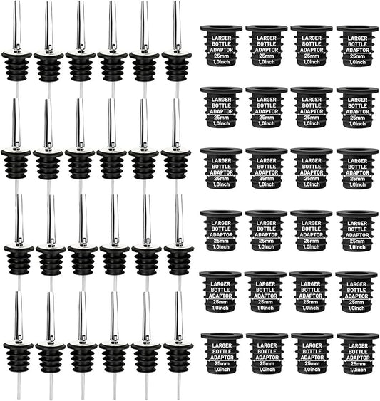 24-Pack Liquor Bottle Pourers with Adapters, Liquor Pour Spout Adapters set for for Large Olive Oil Bottles and Liquor Bottles - Up to 1 Inch/25mm Neck Converts Spout into a Large Pour Spout Silver