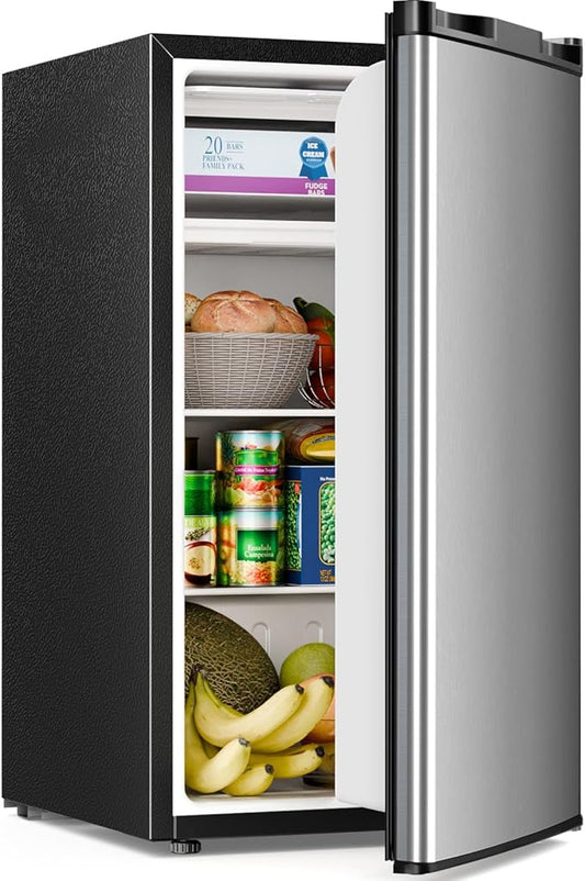 Antarctic Star 3.2 Cu.Ft.Compact Refrigerator with Freezer, Mini Fridge Single Door with Adjustable Thermostat,Removable Glass Shelves for Apartment,Dorm,Office,Kitchen，SILVER