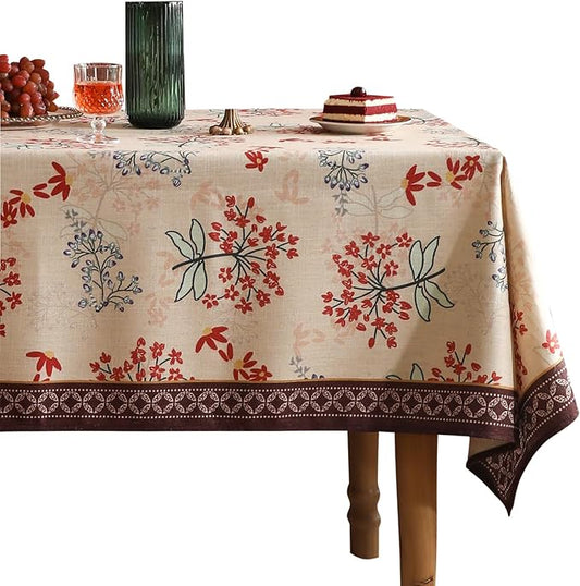patdrea Designer Linen Extra Long Rectangular Table Cloth,Vintage Red Floral Tablecloth,Breathable Table Cover for Kitchen Dining,Tea Party,Christmas,Thanksgiving,Holiday,63"x110"-Newmari